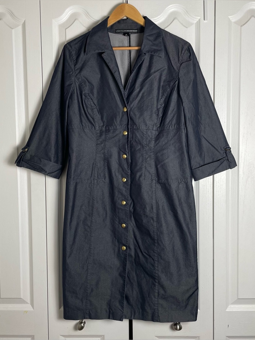 Linda Allard Ellen Tracy Button Front Utility Dress Womens 12 Blue Gold Chambray